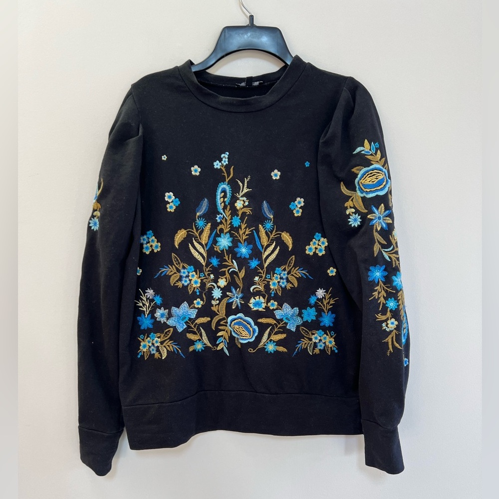 Anthropologie x Drew Floral Embroidered Crewneck Sweatshirt, Black/Multi, S
